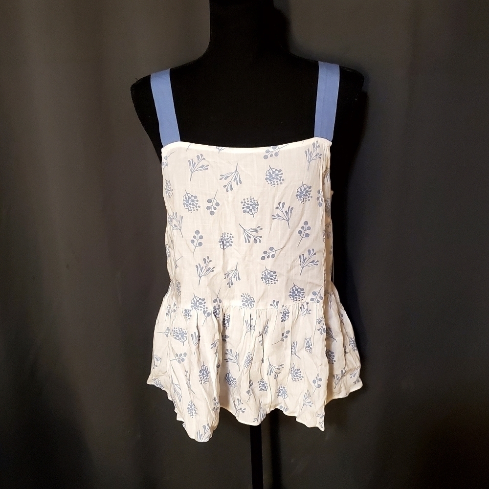 My Story Cottagecore Floral White and Blue Peplum Top With Sinched Waist NWT